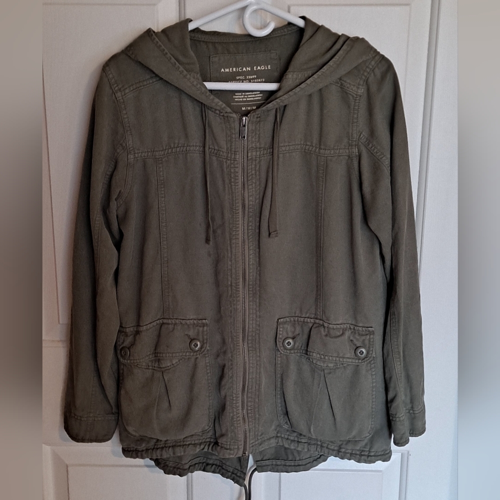 American Eagle Utility Jacket Woman Size M Hooded Army Green Full Zip